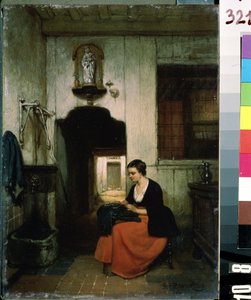 ""La brodeuse"" (broderskan) Ung kvinna sysslar med sömnad i en belgisk interiör. Målning av Hubertus van Hove (1814-1865) 1860 Mikhail Kroshitsky Art Museum, Sevastopol (Sevastopol) Ukraina