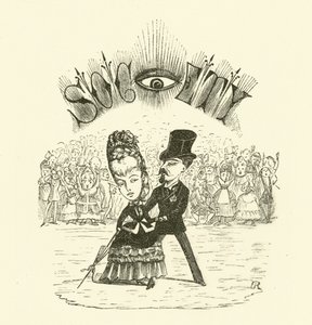 Samhälle, med ett stort ÖGA (gravyr) av Hugh Rowley