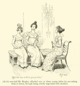På sin egen bal förolämpade Mr Bingley två eller tre unga damer genom att inte be dem dansa, genom att vara helt uppslukad av en annan (gravyr) av Hugh Thomson