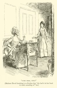 Kom hit, barn, Madame Duval sänder det till Evelina att "hon hade det i huvudet att göra något av" henne (gravyr)
