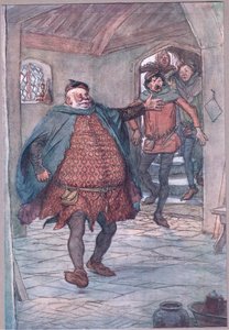 Enter Falstaff, pistol, Nym och Bardolph, illustration från The Merry Wives of Windsor, 1910 av Hugh Thomson