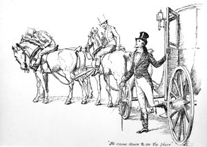 "Han kom ner för att se platsen", illustration från "Stolthet och fördom" av Jane Austen, utgåva publicerad 1894 av Hugh Thomson