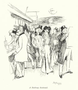 London: A Railway Bookstall (färglitografi) av Hugh Thomson