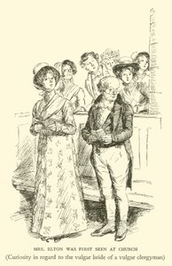 Mrs Elton sågs först i kyrkan, nyfikenhet på den vulgära bruden till en vulgär präst (gravyr) av Hugh Thomson