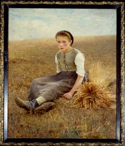 En liten svensk bonde som sitter på hö. Målning av Hugo Salmson (1844-1894) 1886 Sön. 1,34x1,10 m Nantes, musee des Beaux Arts - Den lilla plockaren. En liten svensk bonde som sitter i höet. Målning av Hugo Salmson (1844-1894)