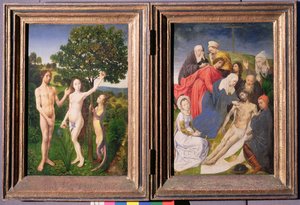 Diptyk: Människans syndafall (Adam och Eva, ormen och äpplet) och Jesu nedstigande från korset (efter 1479)