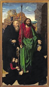 Portinari-altertavlen, St. Thomas og St. Anthony Eremiten med Tommaso Portinari og to sønner Antonio og Pigello, venstre fløj, ca. 1479 sverige av Hugo van der Goes