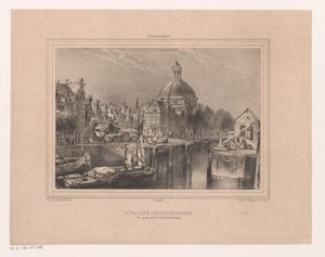 Gezicht op de Stromarkt, het Singel en de Lutherse kerk Den lutherska kyrkan. Utsikt tagen på kanalen (känd som Singel) (titel på objekt) Souvenir of Amsterdam Åtta vyer ritade och litografier från livet av H. van Hove Bz. (serietitel)