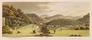 Allmän vy från söder- och östfronten av stugan i Endsleigh, Devon (före) från "Fragment on the Theory and Practice of Landscape Gardening", pub. 1816 (färg litho) (se även 103914) av Humphry Repton