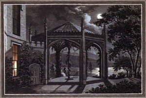 Paviljong och växthus för en gotisk herrgård, från "Observations on the Theory and Practice of Landscape Gardening", pub. 1802 (lito i färg) av Humphry Repton