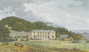 Södra framsidan med västra framsidan i perspektiv, från Red Book för Antony House, ca 1812