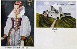Vykort föreställande grevinnan Elisabeth Bathory (1560-1614) och Castle Cachtice