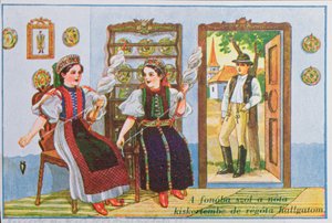 Vykort som föreställer kvinnor i traditionell ungersk klänning som snurrar och sjunger den populära sången Sing a Song to the Frog, ca 1940 av Hungarian School