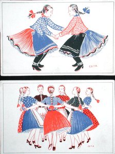 Vykort som föreställer traditionella ungerska danser, ca 1947-8 (lito i färg) av Hungarian School