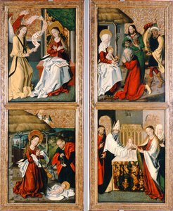 Bebådelsen, Kristi födelse, tillbedjan av männen och presentationen i templet från Szepeshely-altartavlan, 1480-90 av Hungarian School