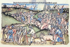 Den mongoliska invasionen av Ungern 1241 under Bela IV:s regeringstid av en original färgad trästick)