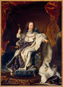Porträtt av Louis XV fem år gammalt barn i helig dräkt, kung av Frankrike (1710-1774). Målning av Hyacinthe Rigaud (1659-1743)