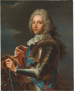 Porträtt av Duc de Broglie, i skärp av Sainte Esprit-orden, med batong av en marskalk av Frankrike av Hyacinthe Francois Rigaud