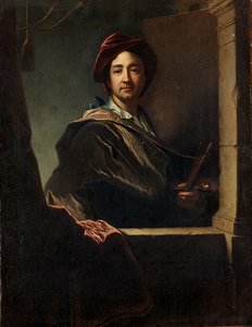 Porträtt av konstnären, halvlängd, vid ett båge, 1712 av Hyacinthe Francois Rigaud