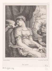 Sittande kvinna med bok och vit fågel Une pensée (titel på objekt) av Hyacinthe Louis Victor Jean Baptiste Aubry Lecomte