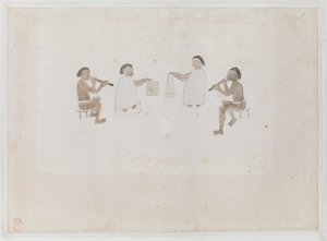 Musiker från Tahiti. Fyra Tahitians, två klädda i stoet som spelar nosflöjt; två klädda i tiputa som slår trummor, Inspelad i Joseph Banks