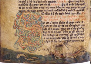 Historikerad initial S, från en kopia av den ursprungliga 1200-talets Jonsbokslagsamling