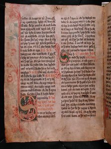 Historiserade initialer "S" och "P", från "Skarosbok" (Skards bok) ca 1350 (pergament) av Icelandic School