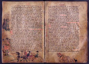 Två illustrerade sidor från en kopia av den ursprungliga 1200-talets Jonsbok lagsamling av Icelandic School