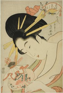 Kurtisanen Hanahito från Ogiya och assistenterna Sakura och Momiji, från serien "Beauties of the Five Festivals (Bijin gosekku)"