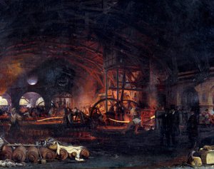 Industriella revolutionen: "" Fourchambaults stora smedja"" Detalj av målning av Francois Bonhomme (1809-1881) 1839. Fourchambault