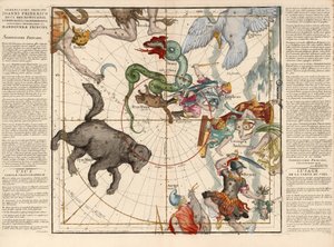 North Pole, Tallrik 1 från beskrivningen av det himmelska klotet i platta ramar, pub. 1674 (handfärgad gravyr) av Ignace Gaston Pardies