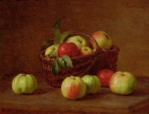 Äpplen i en korg och på ett bord, 1888 av Ignace Henri Jean Fantin Latour
