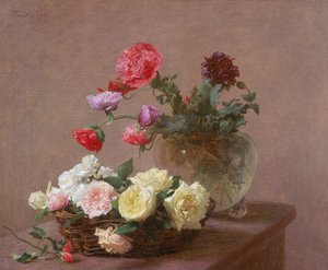 Vallmo i en kristallvas, eller korg med rosor, 1890 av Ignace Henri Jean Fantin Latour