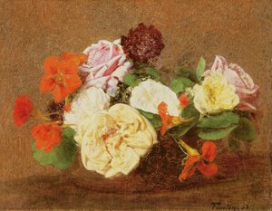 Rosor och Nasturtium i en vas, 1883