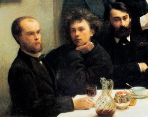 Bordhörna: från vänster till höger: Paul Verlaine, Arthur Rimbaud, Elzear Bonnier. (Målning, 1800-talet) av Ignace Henri Jean Fantin Latour