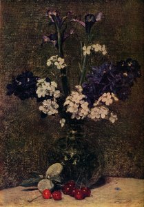 Vas med blommor, med körsbär och mandel på bordet, Nature morte, Iris, Delphinium hybrids a av Ignace Henri Jean Fantin-Latour