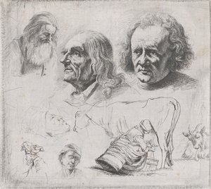 Studie av sex huvuden och en mjölkpiga, 1816.