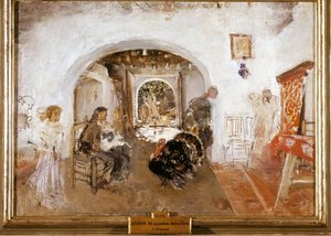 Interiör på en gård i Valencia i Spanien. Målning av Ignacio PINAZO CAMARLENCH