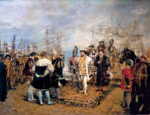 Francois I:s landstigning (1494-1547) i hamnen i Valencia (Spanien). Luis Villarrasa de Cavanilles (?), guvernör i staden, välkomnar Frankrikes kung. Målning av Ignacio Pinazo Camarlench (1849-1916), olja på duk
