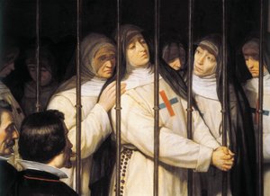 Porträtt av Marcela de San Felix (1605-1687), nunna, poet och skådespelerska, dotter till Lope de la Vega, vid sin fars begravning, stöds av de andra systrarna i Trefaldighetsorden som avvecklades 1635"" Detalj Målning av Ignacio Suarez av Ignacio Suarez Llanos