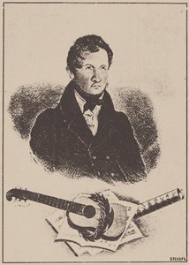 Porträtt av kompositören och gitarristen Mikhail Timofeyevich Vysotsky 1791-1837, 1834. av Ignatov