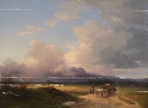 Prealps landskap med vagn på vägen