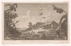 Utsikt över ön Nomuka i Stilla havet från land Utsikt på ön Rotterdam (titel på objekt) av Ignaz Sebastian Klauber (possibly)
