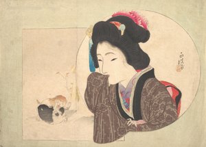 Tryck [kvinna och valpar], början av mitten av 1800-talet. av Ikeda Eisen