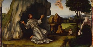 Saint Francis tar emot Stigmata, ca 1450-1517 (olja på trä)
