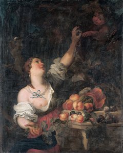 En kvinna som plockar druvor och en putto vid en klassisk piedestal prydd med frukt av Il Borgognone