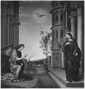 The Annunciation, c.1502 (olja på trä transponerad på duk)