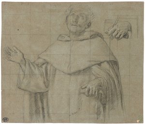 Ett dominikanskt helgon, kanske Sankt Peter Martyr, halvlångt, håller i en bok av Il Sassoferrato