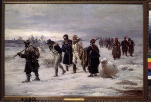 År 1812. (Fångar tillfångatagna från Napoleons Grande Armee går i snön, utmattade, eskorterade av ryska bönder). Målning av Illarion Mikhailovich Pryanishnikov (1840-1894), olja på duk