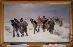 År 1812. (Fångar tillfångatagna från Napoleons stora armé går i snön, utmattade, eskorterade av ryska bönder). Målning av Illarion Mikhailovich Pryanishnikov (1840-1894), olja på duk